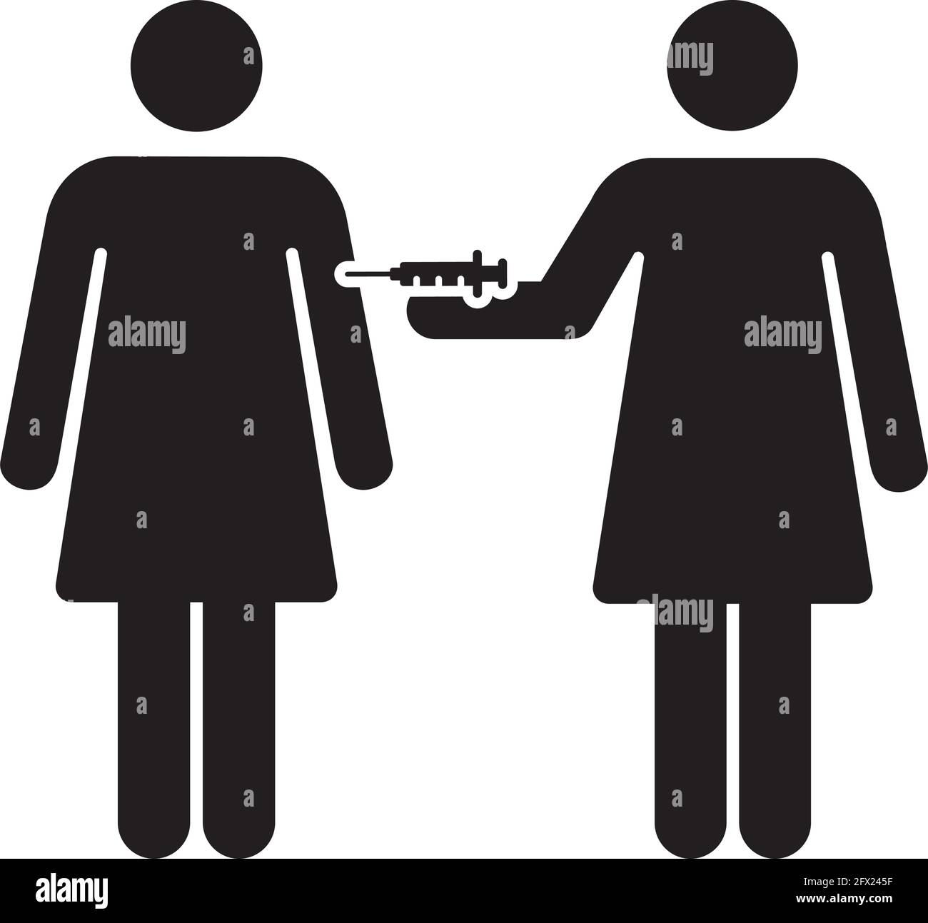 Vecteur d'icône de symbole de vaccin avec seringue d'injection mâle et femelle personne pour la protection contre les virus dans un pictogramme de glyphe illustration Illustration de Vecteur