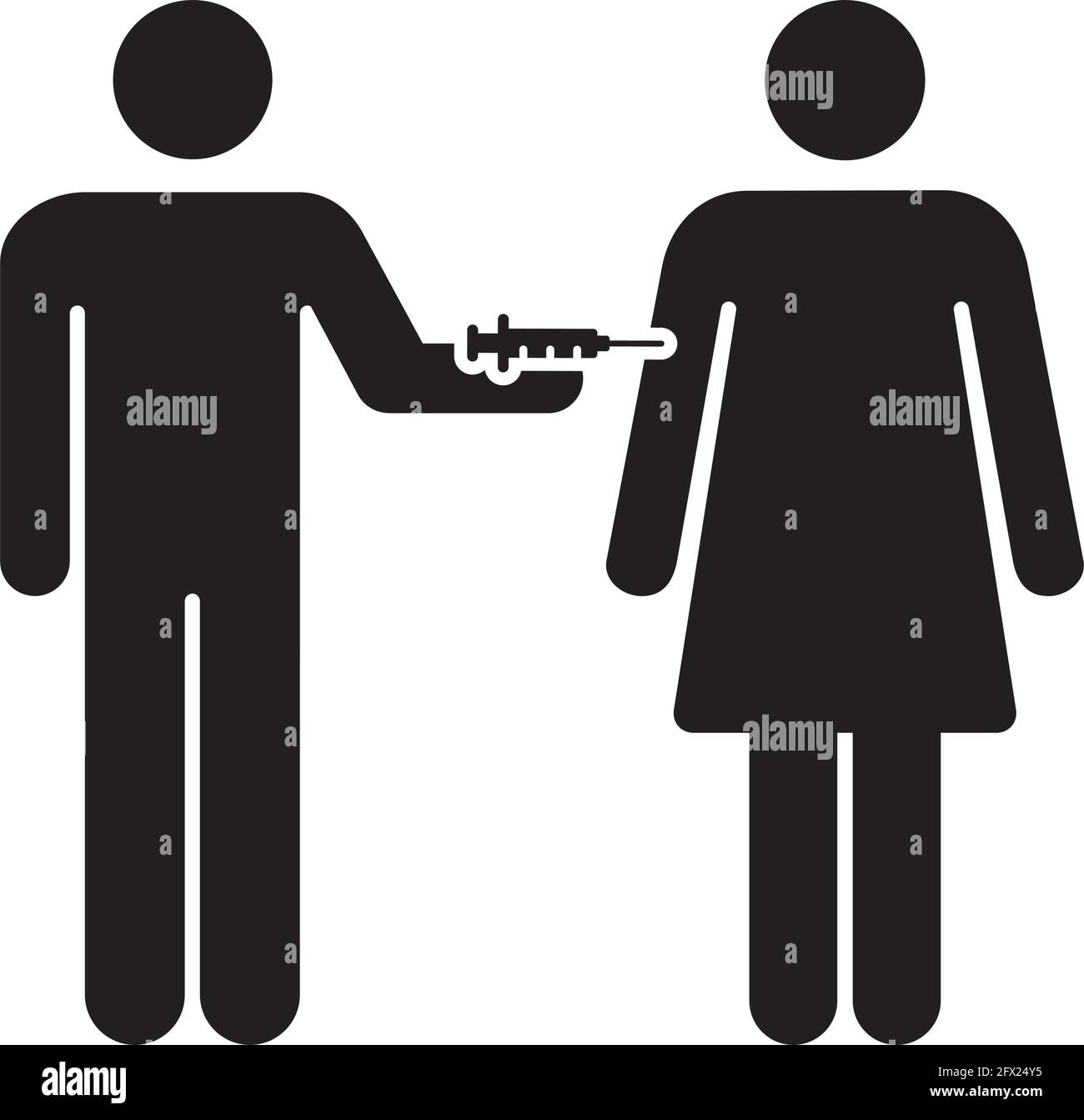 Vecteur d'icône de vaccination avec seringue d'injection de vaccin mâle et femelle symbole de personne pour la vaccination dans une illustration de pictogramme de glyphe Illustration de Vecteur