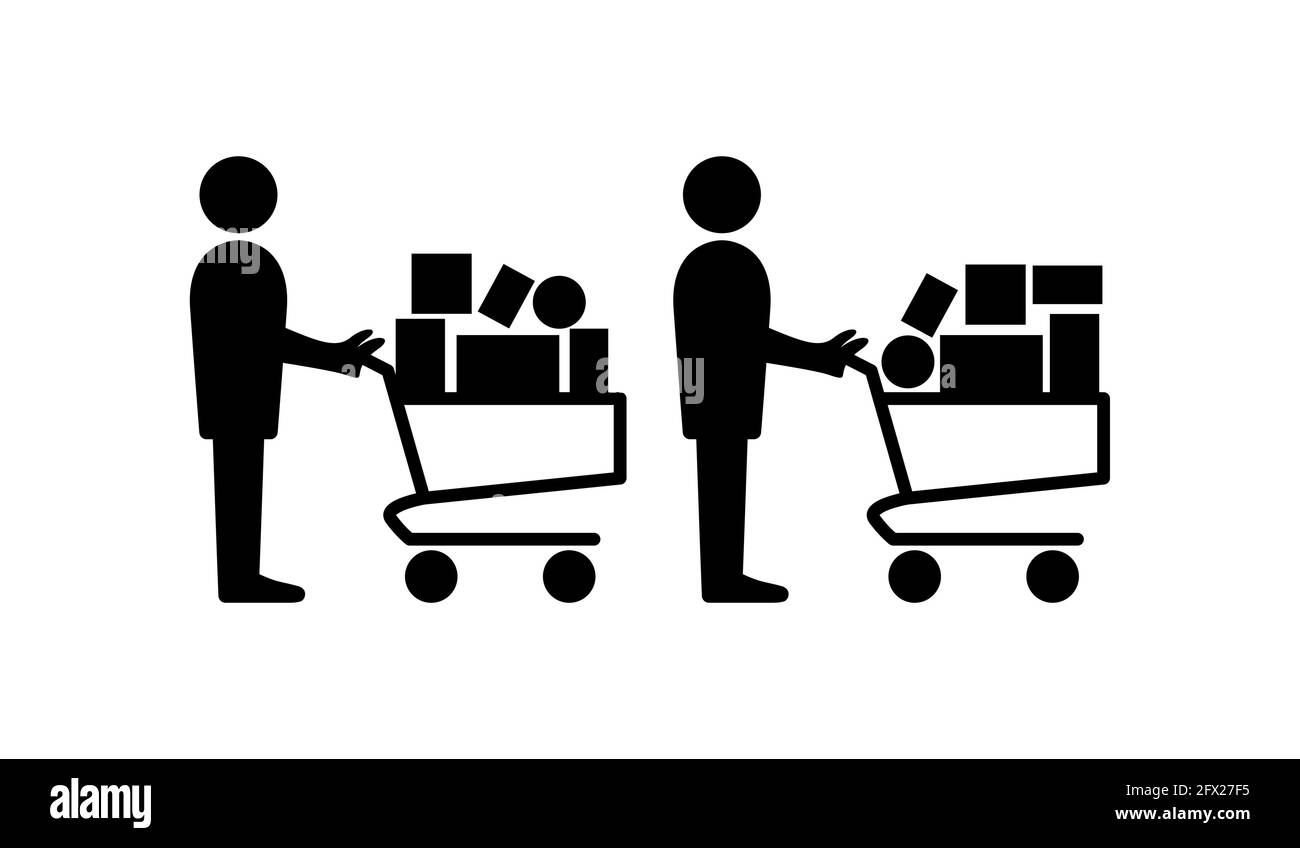 Icône d'achat panique avec des personnes dans une file d'attente et des chariots complets. Image vectorielle. Illustration de Vecteur
