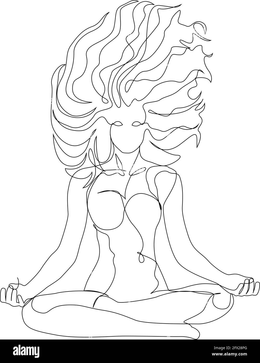 Femme avec des cheveux venteux faisant yoga lotus exercice continu une ligne. Illustration vectorielle style minimaliste EPS 10 Illustration de Vecteur