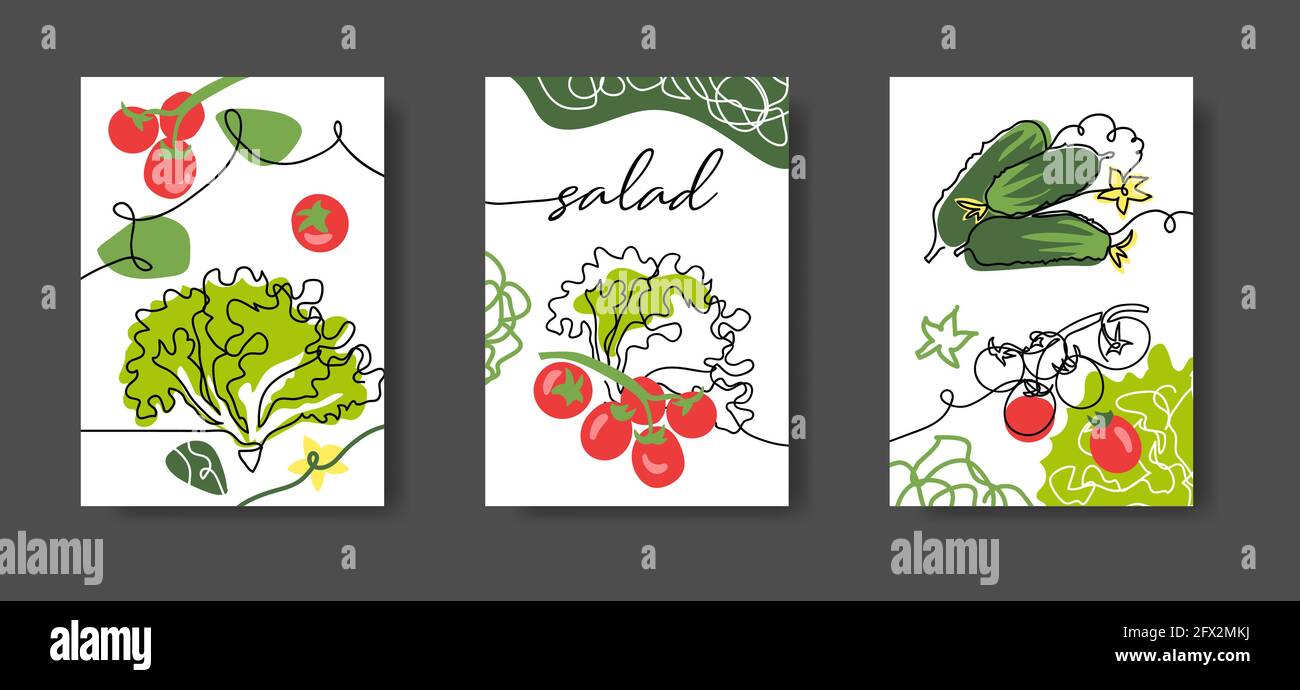 Décoration murale salade, affiche. Ensemble d'illustrations vectorielles, une décoration continue de légumes tomates, concombres et saolad pour Illustration de Vecteur