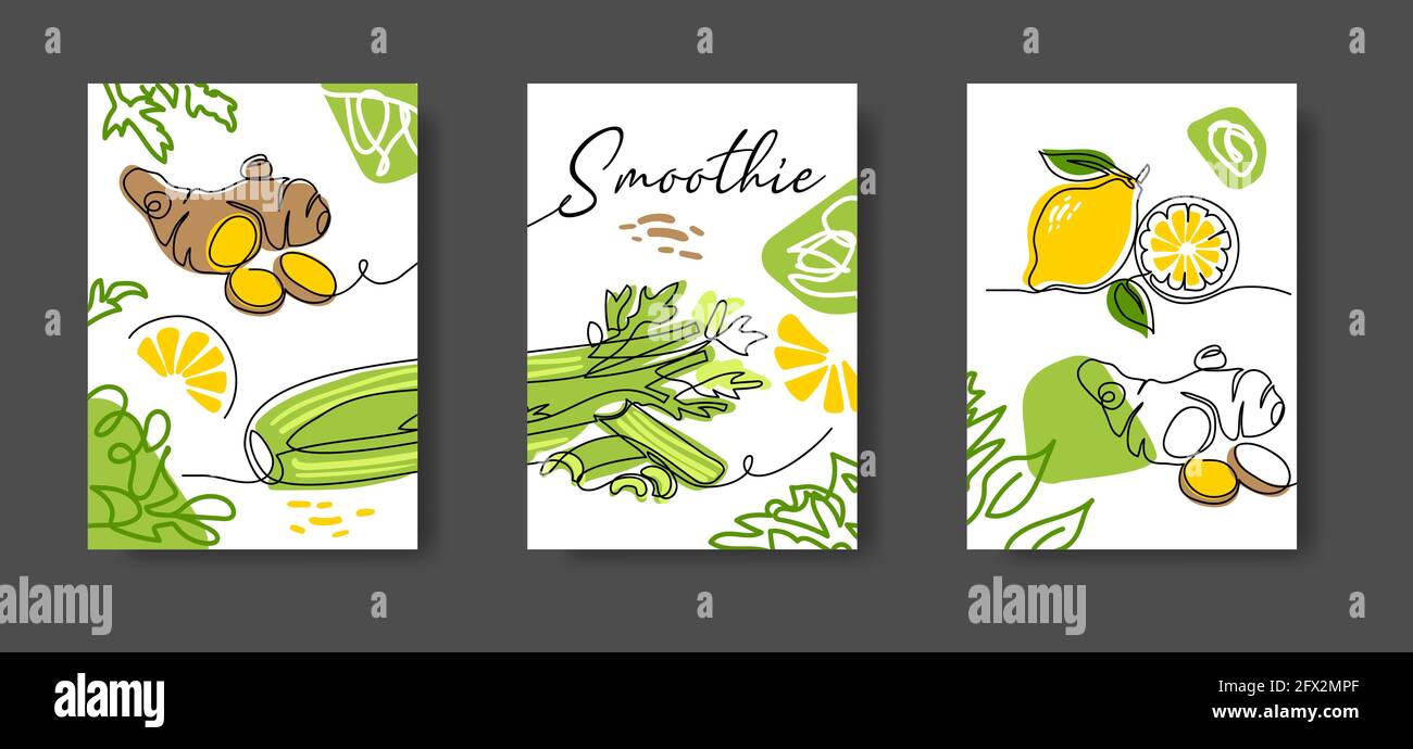 Décoration murale ou affiche aux ingrédients du smoothie avec gingembre, citron, céleri. Décoration murale à légumes. Ensemble d'illustrations vectorielles, une ligne continue Illustration de Vecteur
