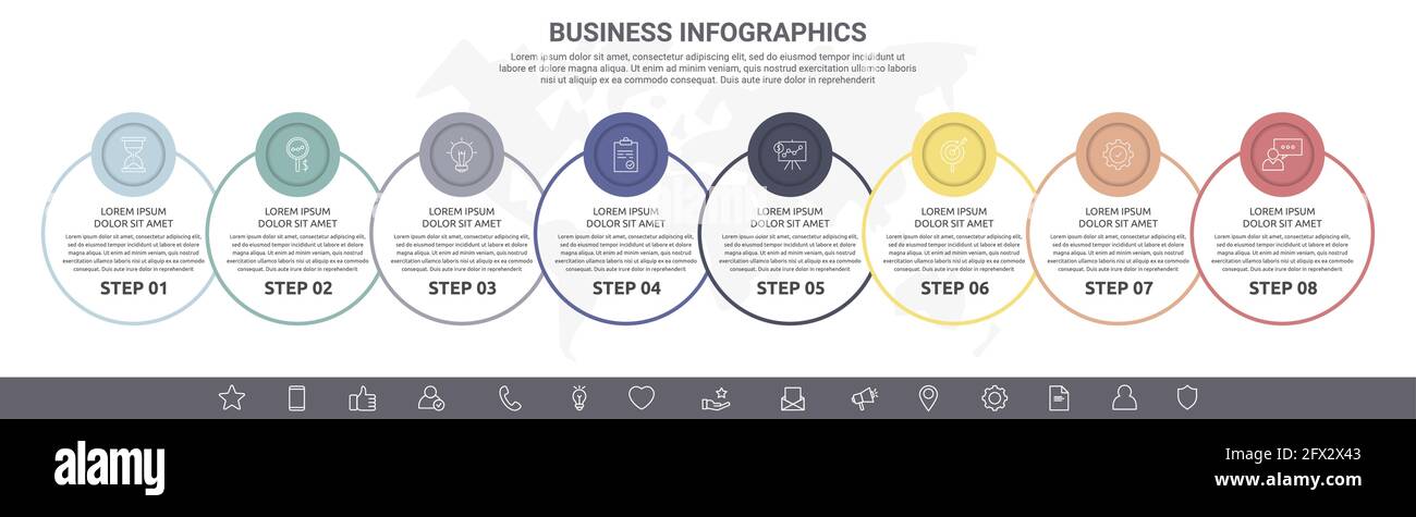 Infographie moderne et vectorielle avec icônes et 8 étapes. Cercles avec des lignes fines pour l'application, le site Web, l'interface, le graphique, les niveaux, schéma Illustration de Vecteur