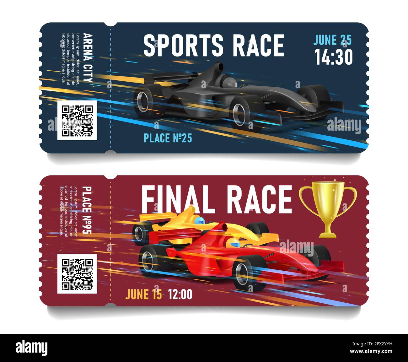 Billet de championnat de course avec illustration de voiture de sport se déplaçant à grande vitesse, avec pièce enfichable et code QR Illustration de Vecteur