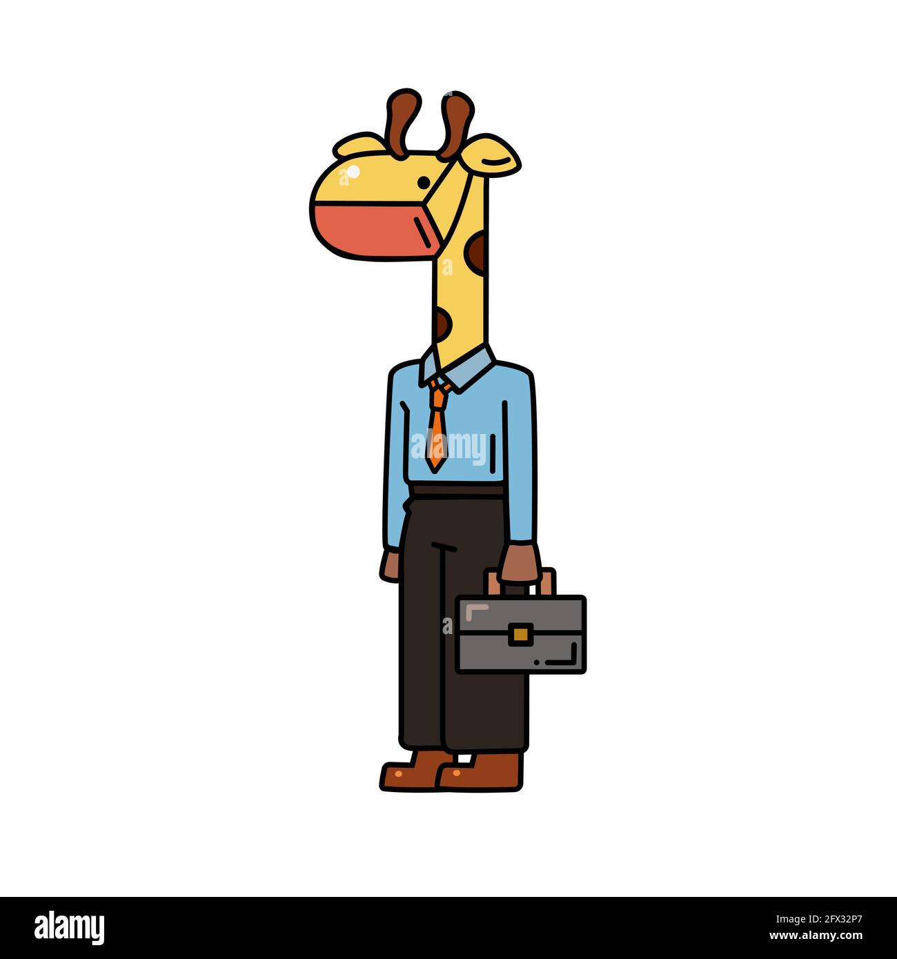 Une girafe mignonne portant un masque sanitaire empêchent le coronavirus, la grippe, la poussière personnage de dessin animé avec le contour noir à dessin vectoriel plat isolé sur la bande blanche Illustration de Vecteur