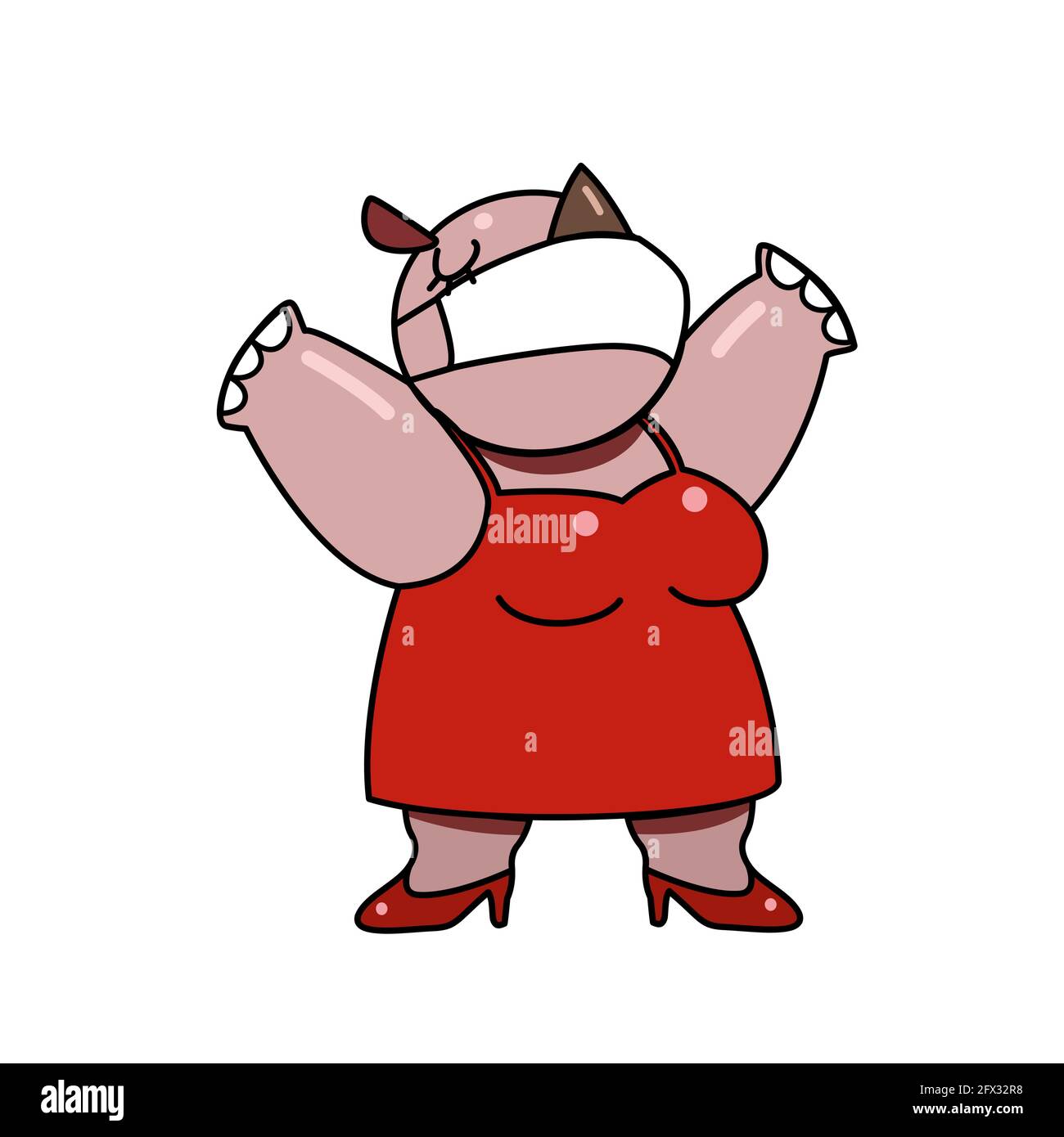 Un mignon hippo portant masque sanitaire prévenir coronavirus, grippe, poussière personnage de dessin animé avec contour noir plat illustration vecteur isolé sur le dos blanc Illustration de Vecteur