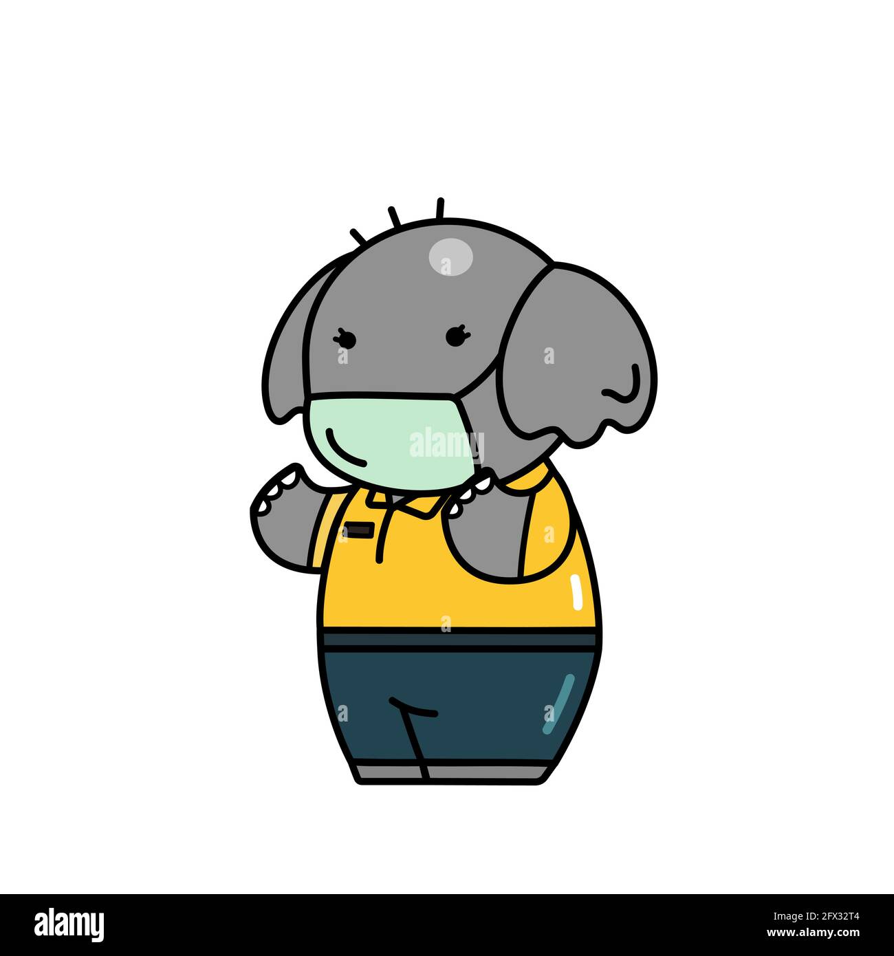Un joli éléphant portant un masque sanitaire empêchent le coronavirus, la grippe, la poussière personnage de bande dessinée avec le contour noir à dessin vectoriel plat isolé sur b blanc Illustration de Vecteur