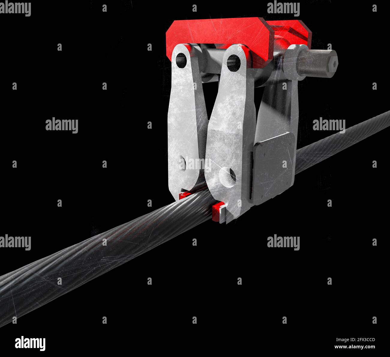 Système de freinage sur le câble de support des téléphériques. Détail en 3d. Câble de transport. Acier et objet métallique. rendu 3d Banque D'Images