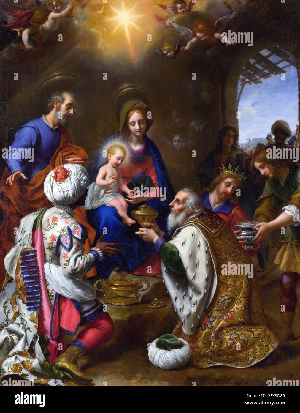 Scène de la nativité. L'Adoration des Rois par Carlo Dolci (1616-1686), huile sur toile, 1649. Jésus bébé cadeaux offerts par les Rois Mages. Banque D'Images