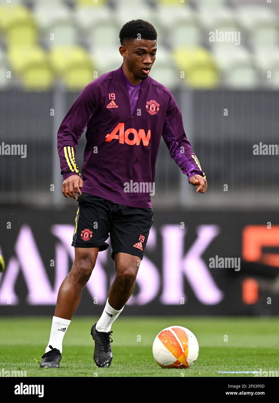 Amad Diallo de Manchester United lors d'une session d'entraînement avant la finale de l'UEFA Europa League, au stade Gdansk, en Pologne. Date de la photo: Mardi 25 mai 2021. Banque D'Images