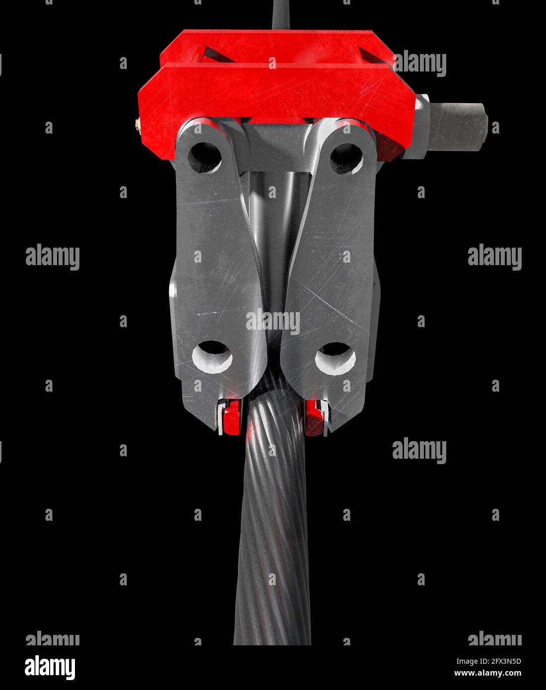 Système de freinage sur le câble de support des téléphériques. Détail en 3d. Câble de transport. Acier et objet métallique. rendu 3d Banque D'Images