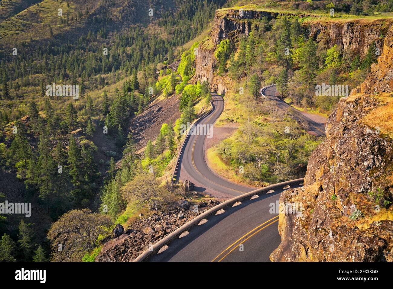 Vue printanière du matin sur les Rodena Loops embrassant le rocher Falaises juste en dessous du point de vue de Rowena Crest sur la Colombie historique de l'Oregon River Highway à Wasco Banque D'Images