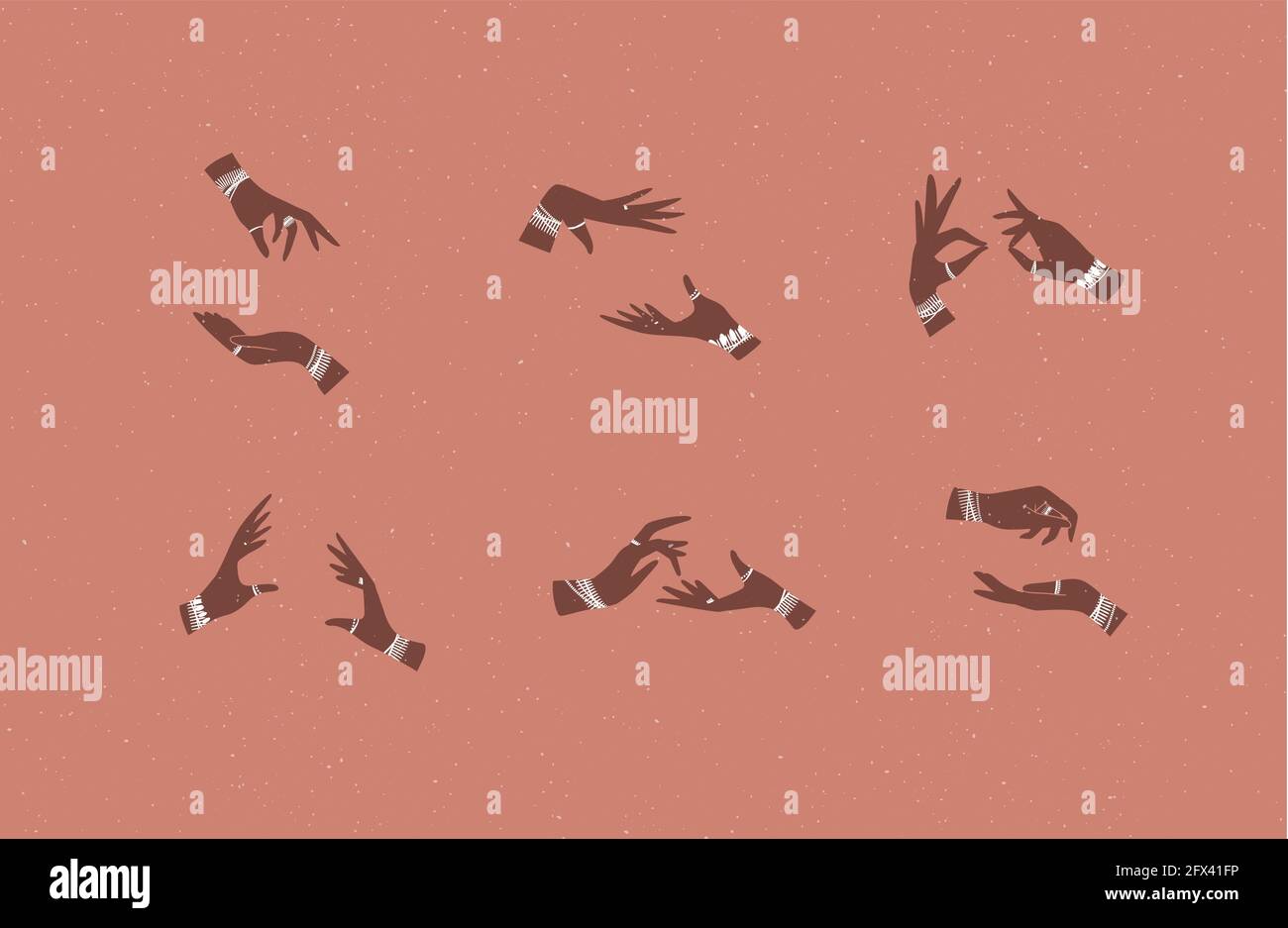Les mains se coupent avec des bracelets et des bagues de style ethnique dans différentes positions pour exprimer des émotions sur fond de corail Illustration de Vecteur