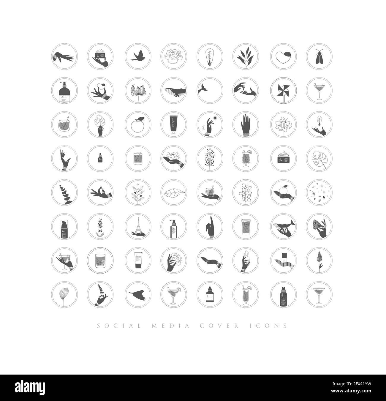 Mains, étiquettes, bouteilles de cosmétiques, symboles décoratifs, branches, fleurs, animaux et objets divers dans un style graphique minimaliste. Illustration de Vecteur