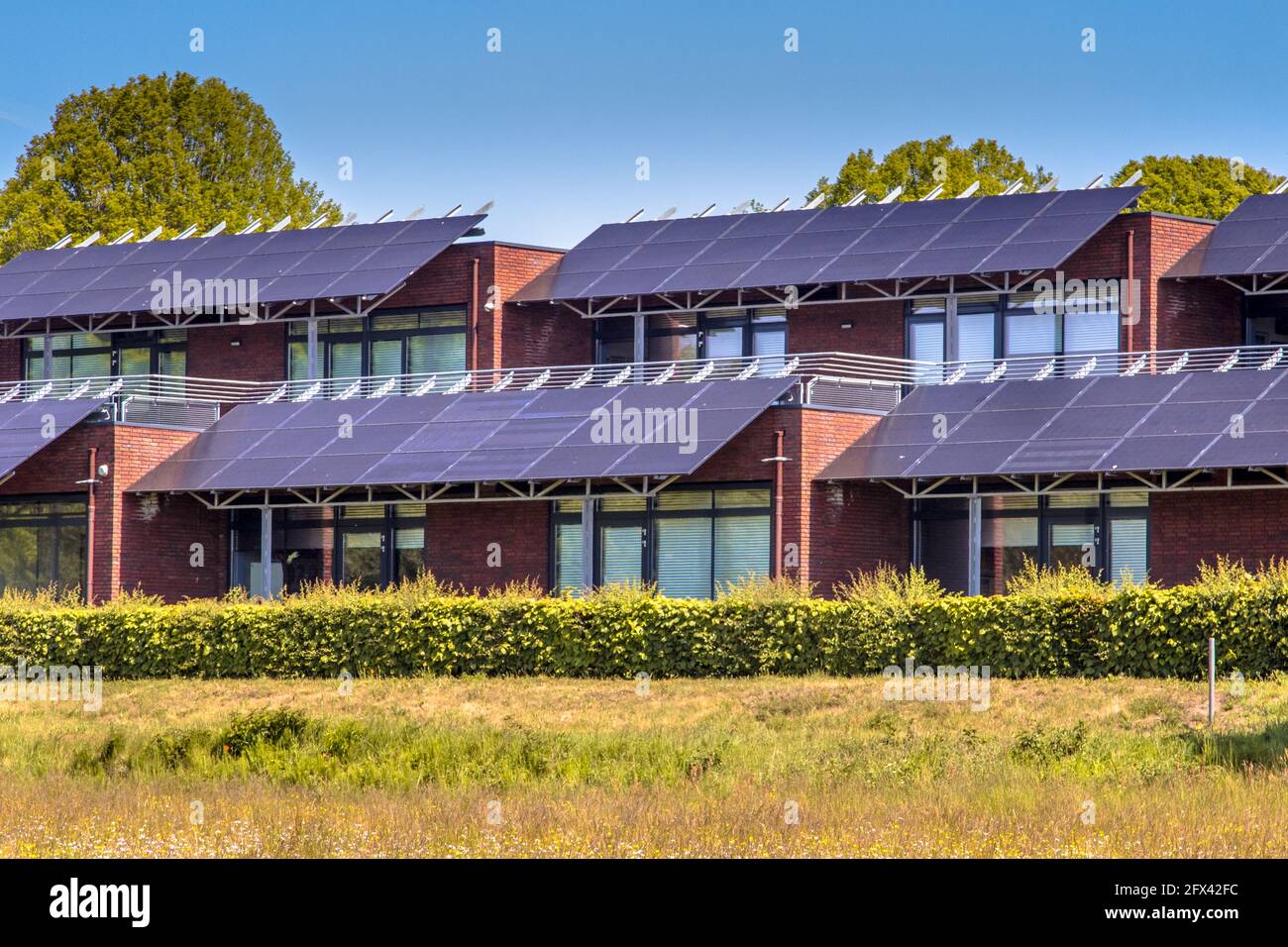 Bâtiment d'école publique avec panneaux solaires utilisés comme protection contre la lumière du soleil. Ombrer les salles de classe tout en générant de l'électricité. Une situation gagnant-gagnant. TH Banque D'Images