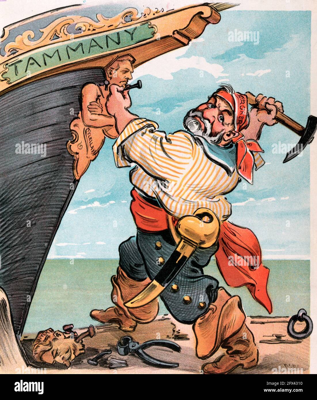 Une autre figure de proue - l'illustration montre le patron de Tammany Hall Richard Croker comme un pirate clouant une nouvelle figure de proue appelée 'McClellan' à l'arc d'un navire étiqueté 'Tammany'; l'ancienne figure de proue appelée 'Van Wyck' se trouve sur le sol, Political Cartoon, 1903 Banque D'Images