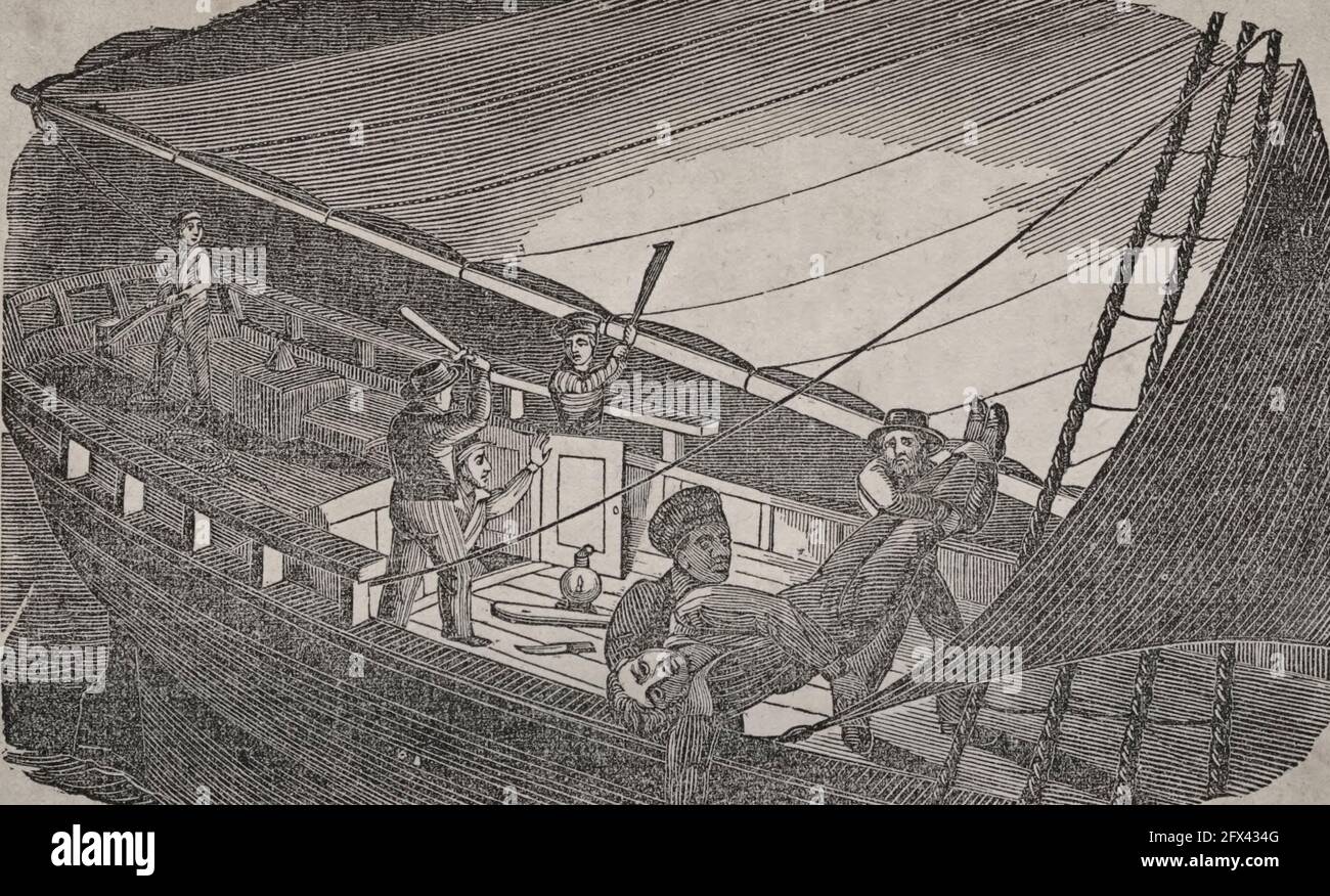 Le capitaine Thornby assassiné et jeté par-dessus bord par Gibbs et l'intendant Banque D'Images Le capitaine Thornby assassiné et jeté par-dessus bord par Gibbs et l'intendant Banque D'Images