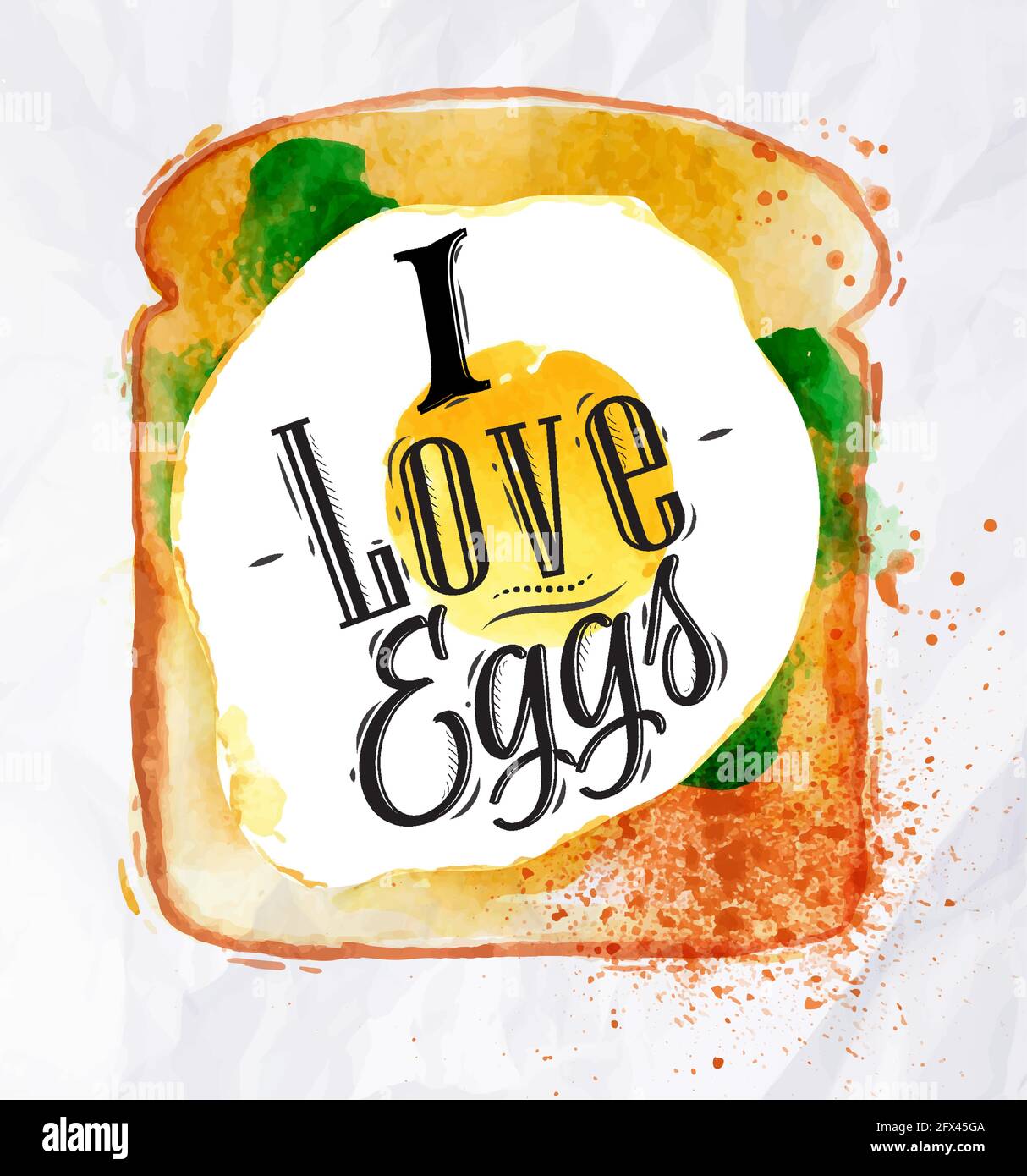 Petit déjeuner peint aquarelle toast avec œufs brouillés et salade avec Lettrage J'aime les œufs Illustration de Vecteur