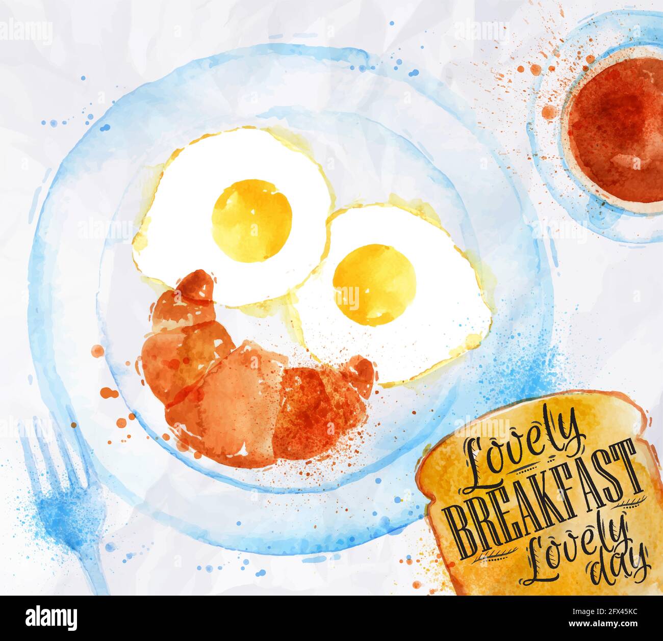 Petit déjeuner peint avec aquarelles sur un plat brouillés et un croissant comme une personne avec le sourire une fourchette et le thé avec des caractères pour le petit déjeuner, le petit déjeuner est délicieux Illustration de Vecteur