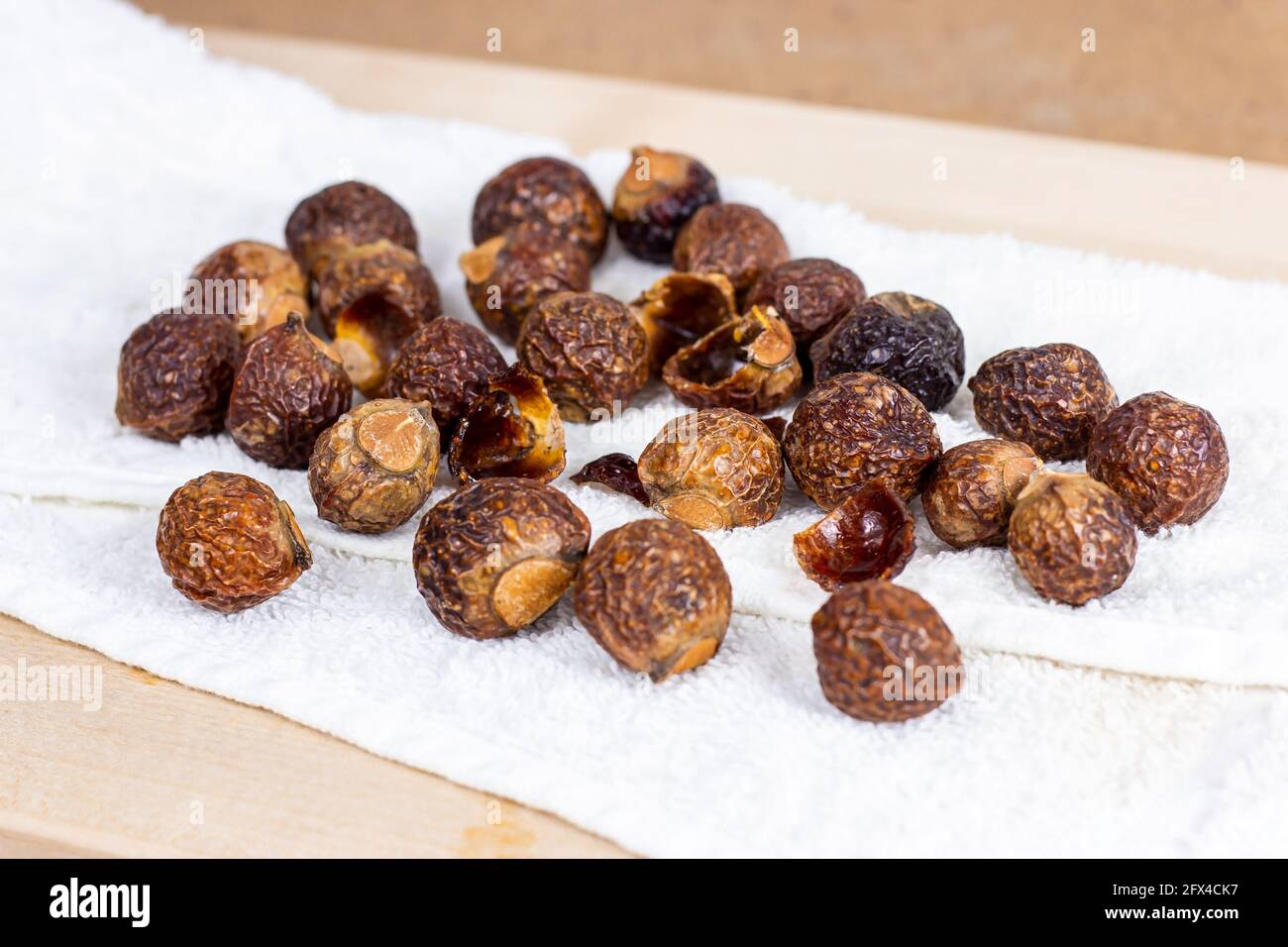 Noisettes de savon sec brun (Soapberries, Sapindus Mukorossi) pour le linge biologique et les soins doux et naturels de la peau sur fond clair. Banque D'Images