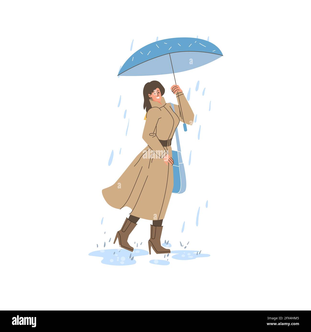 Personnage de dessin animé plat sous la pluie, concept d'illustration vectorielle de la saison d'automne Illustration de Vecteur