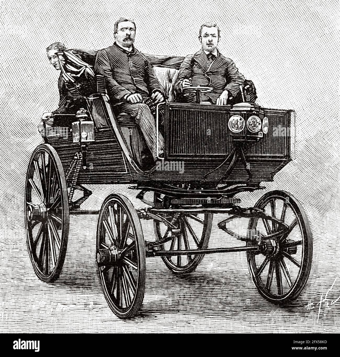 Voiture électrique par Paul Pouchain français. Ancienne illustration gravée du XIXe siècle de la nature 1893 Banque D'Images