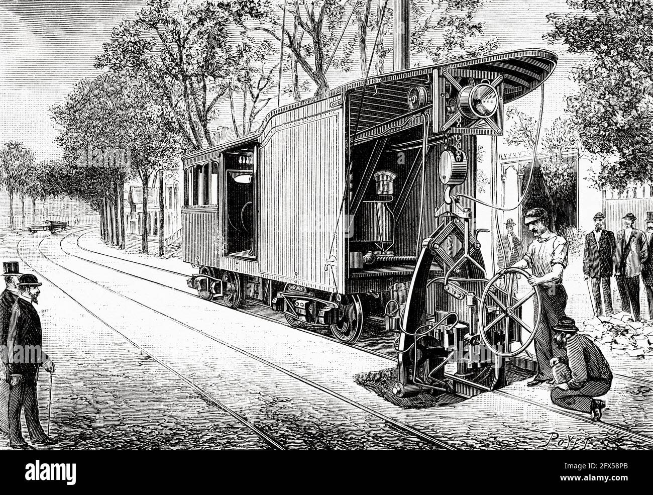 Vue d'ensemble de la voiture à souder sur place les rails des tramways aux États-Unis. Ancienne illustration gravée du XIXe siècle de la nature 1893 Banque D'Images