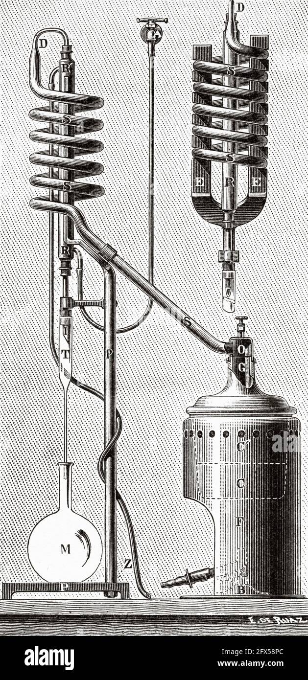 Appareils de distillation pour le dosage de l'alcool. Ancienne illustration gravée du XIXe siècle de la nature 1893 Banque D'Images