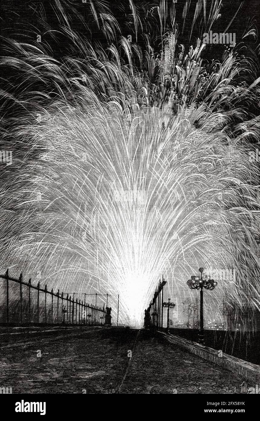 Feux d'artifice au Trocadéro 23 octobre 1893 Paris. France, Europe. Ancienne illustration gravée du XIXe siècle de la nature 1893 Banque D'Images