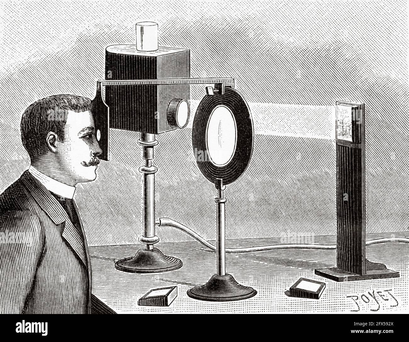 Dispositif Lippmann pour voir la couleur des clichés photophiques. Gabriel Jonas Lippmann (1845-1921) était un physicien luxembourgeois et français, lauréat du prix Nobel de physique en 1908 pour sa méthode de reproduction des couleurs en photographie, basée sur le phénomène de l'interférence. Ancienne illustration gravée du XIXe siècle de la nature 1893 Banque D'Images