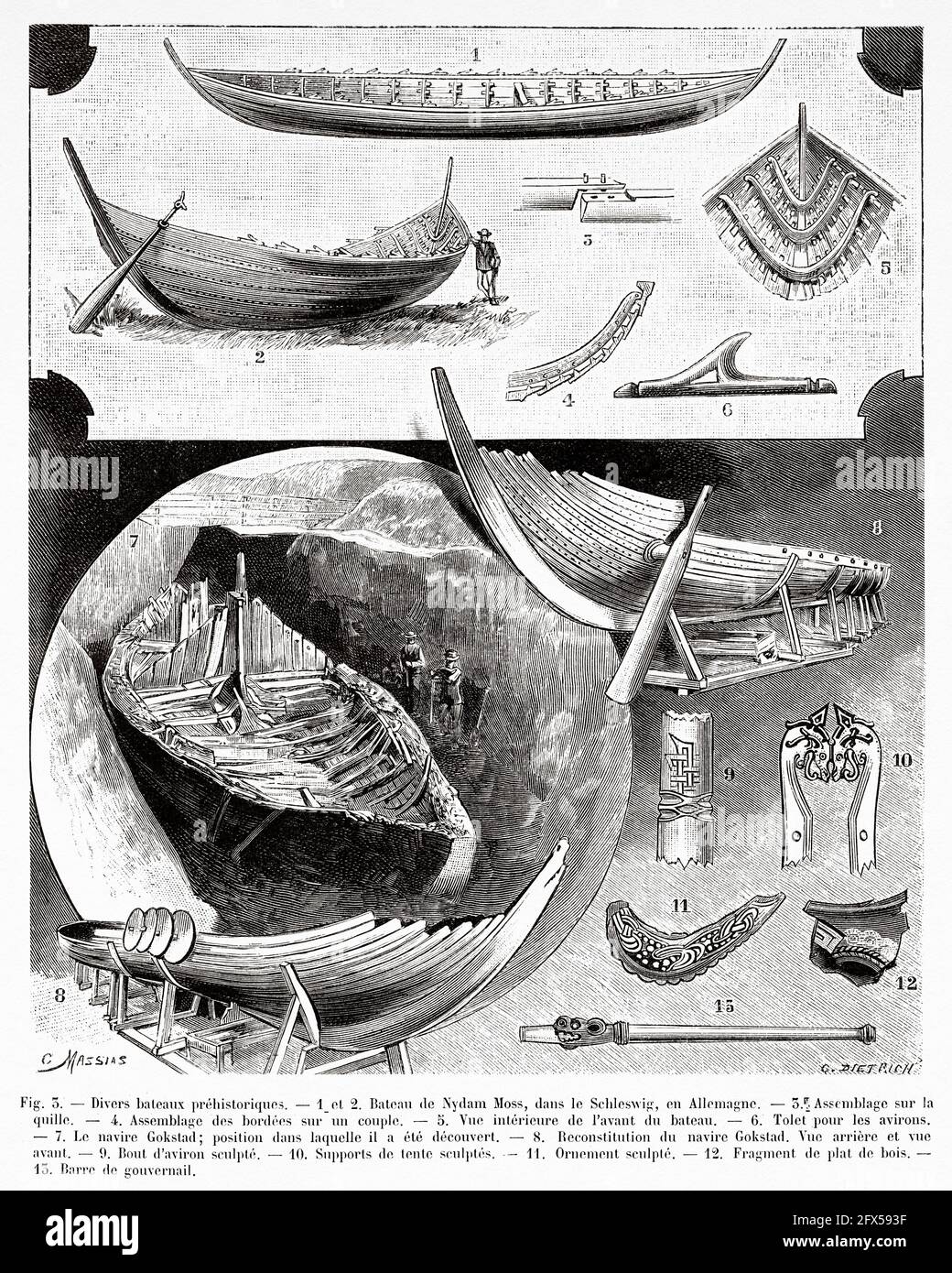 Bateaux préhistoriques. 1-6 navire de Nydam Moss au Schleswig, Allemagne. 7- 13 reconstruction du navire Gokstd. Ancienne illustration gravée du XIXe siècle de la nature 1893 Banque D'Images