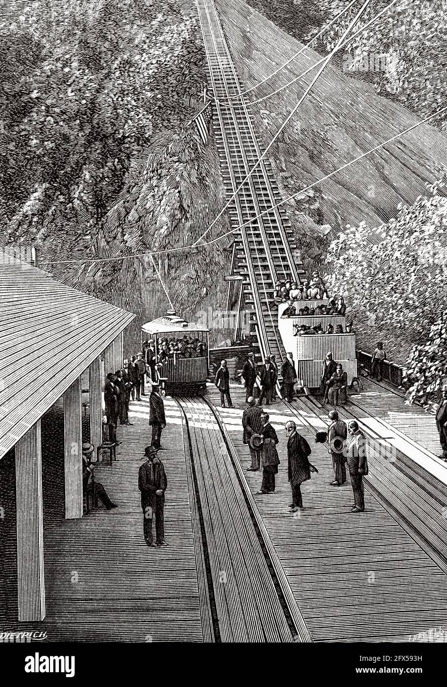 Chemin de fer incliné à Pasadena, Californie. ÉTATS-UNIS. Ancienne illustration gravée du XIXe siècle de la nature 1893 Banque D'Images