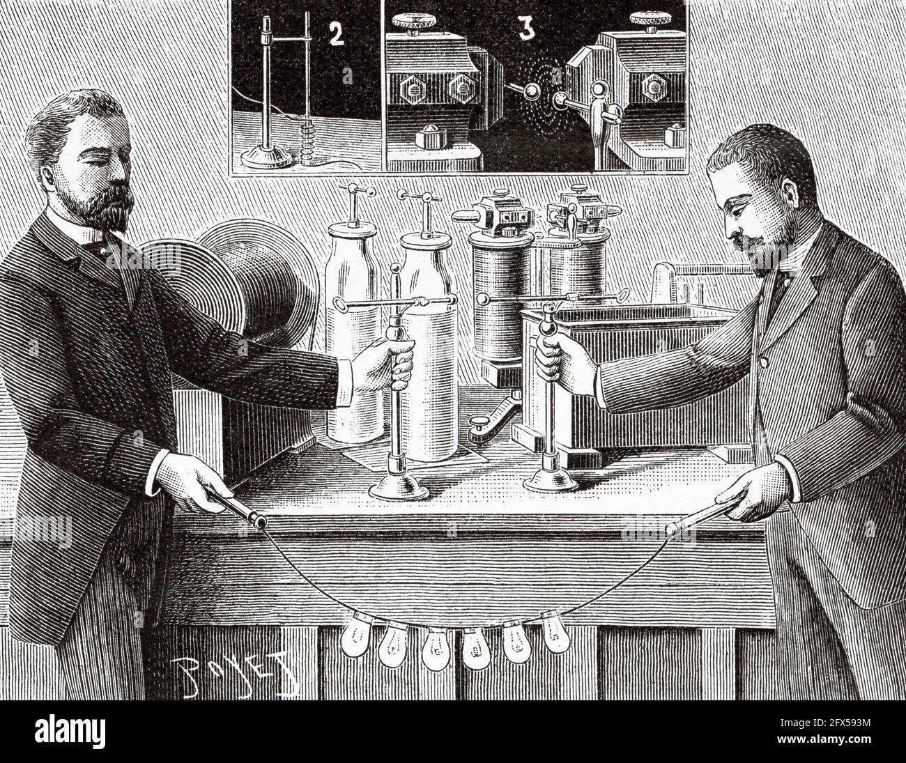 Expériences électrophysiologiques par Jacques-Arsène d'Arsonval (1851-1940) médecin et physicien français. Appareils pour la production de courants oscillatoires intenses. Ancienne illustration gravée du XIXe siècle de la nature 1893 Banque D'Images