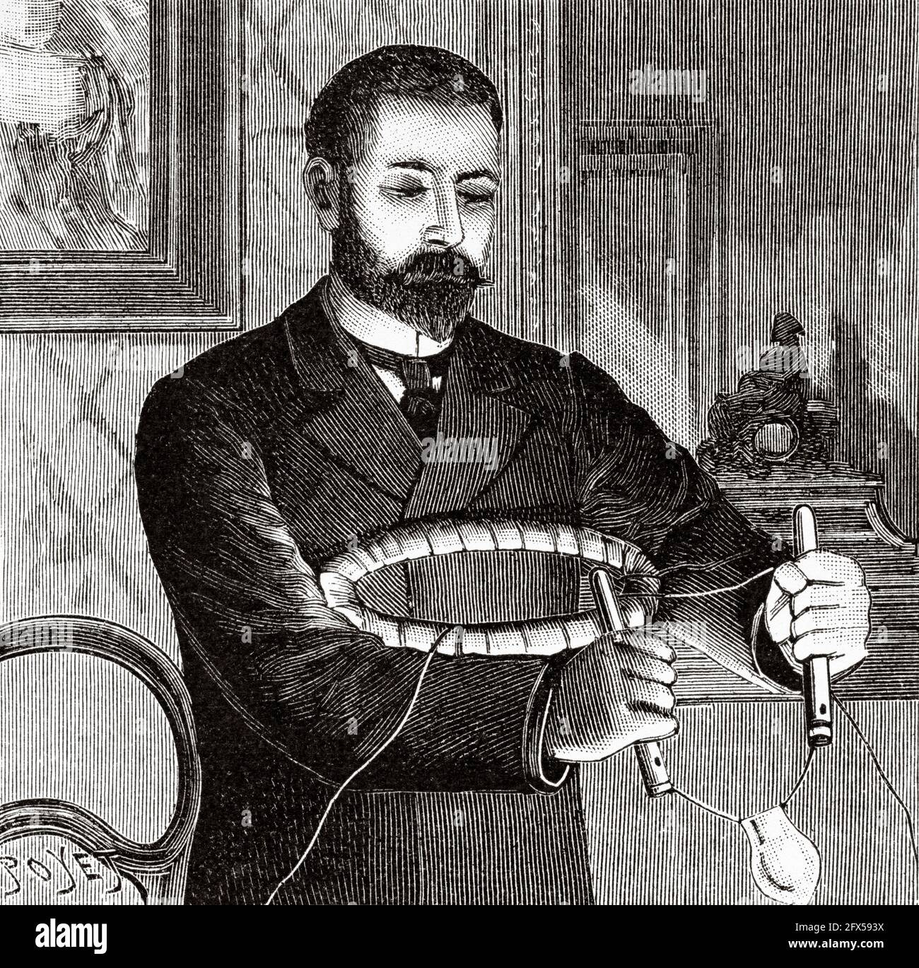 Expériences électrophysiologiques par Jacques-Arsène d'Arsonval (1851-1940) médecin et physicien français. Auto-conduction, illumination d'une lampe par les courants induits dans les bras de l'opérateur. Ancienne illustration gravée du XIXe siècle de la nature 1893 Banque D'Images