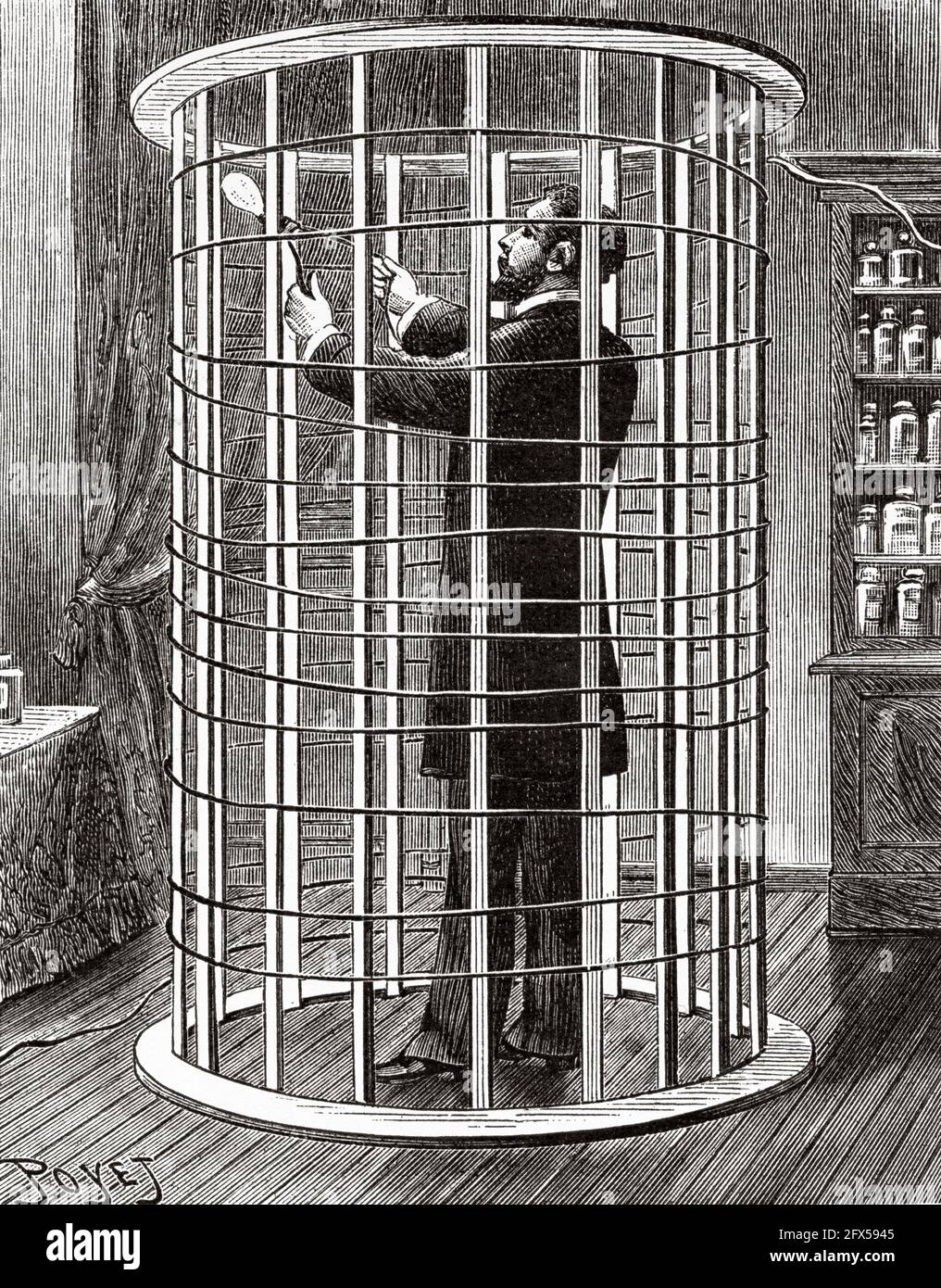 Expériences électrophysiologiques par Jacques-Arsène d'Arsonval (1851-1940) médecin et physicien français. Le témoin s'allume dans les mains d'un opérateur placé dans un solénoïde. Ancienne illustration gravée du XIXe siècle de la nature 1893 Banque D'Images