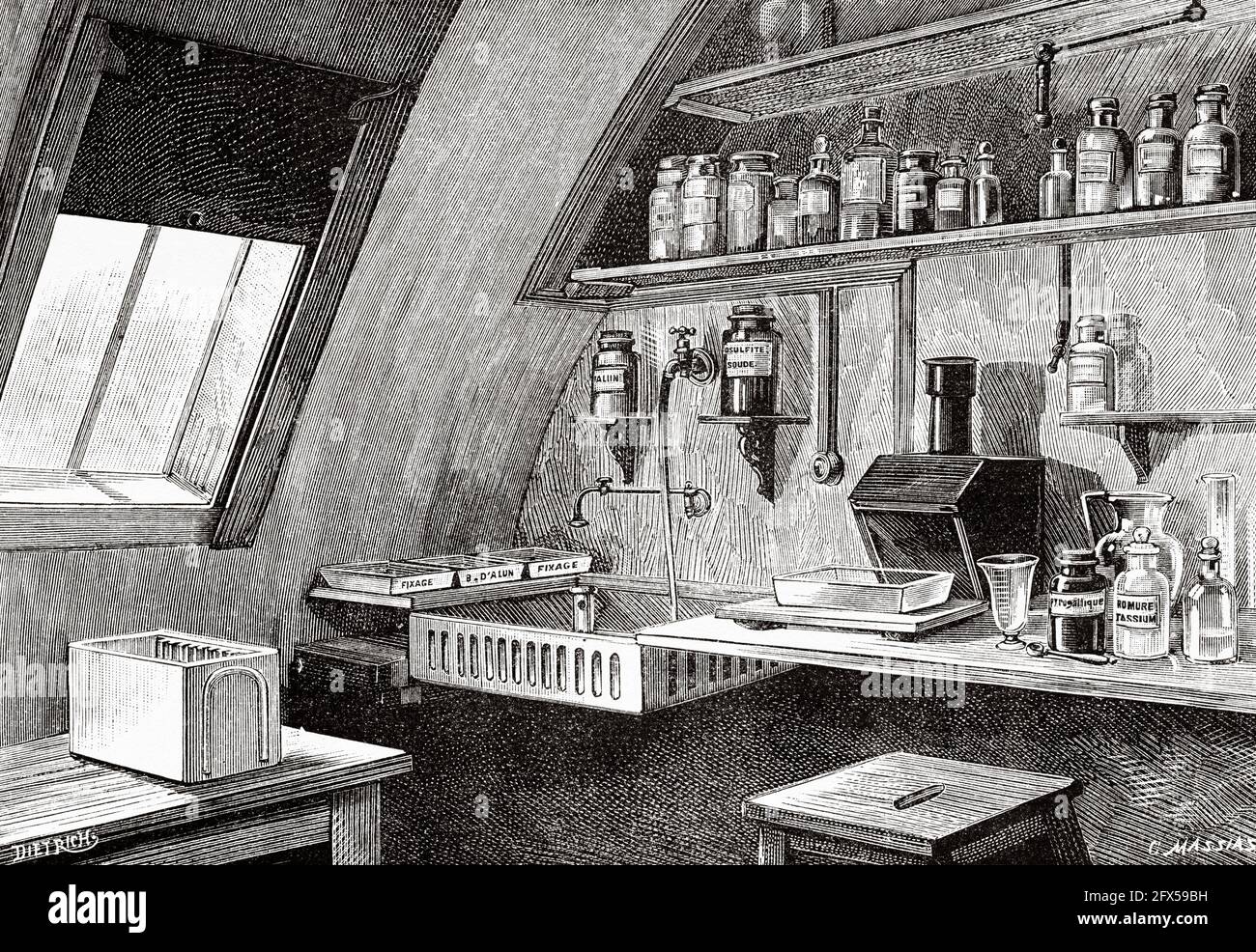 Laboratoire de photographie à la fin du XIXe siècle. Ancienne illustration gravée du XIXe siècle de la nature 1893 Banque D'Images