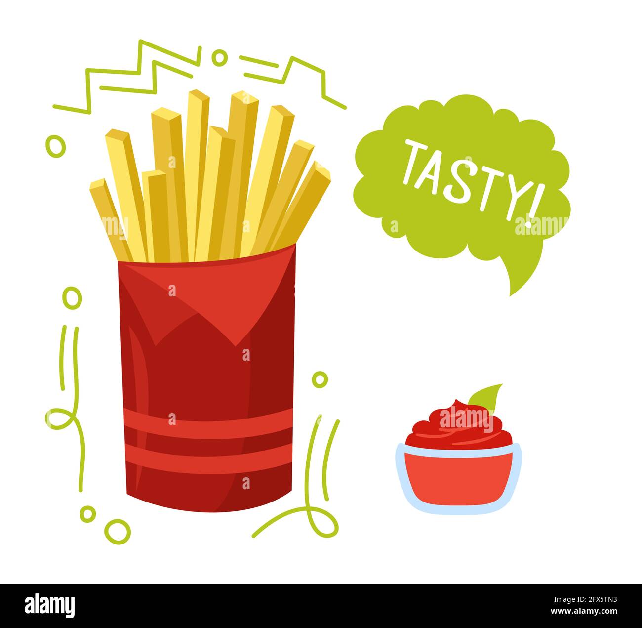 Frites et sauce tomate ketchup. Dessin à la main, dessin animé, ketchup. Bulle de discours de signe. Bâtonnets de pommes de terre frites grillées pommes de terre. Carte de menu délicieux fast food, délicieux vecteur de déjeuner malsain Illustration de Vecteur