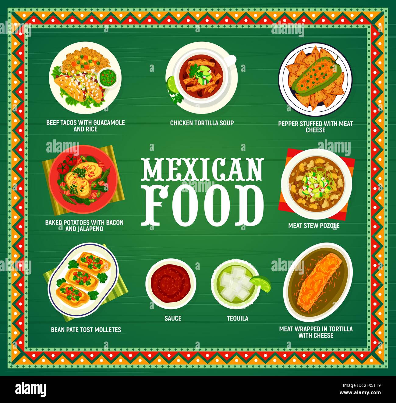 Menu de cuisine mexicaine, plats et repas mexicains, couverture vectorielle  ou affiche. Cuisine mexicaine traditionnelle tacos avec sauce guacamole  avocat et riz, p Image Vectorielle Stock - Alamy