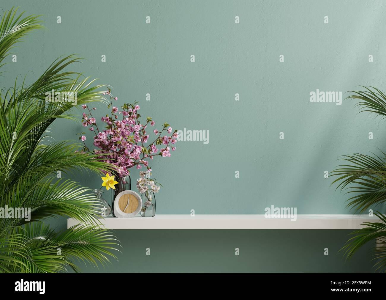 Maquette de mur intérieur avec plante verte et décoration, mur vert clair  Et le rendu shelf.3D Photo Stock - Alamy