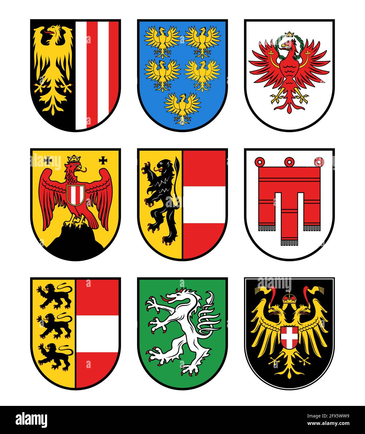 Autriche régions heralsèches, Etats autrichiens vecteur blason. Le Burgenland, la Carinthie et la Basse-Autriche emblèmes, Salzbourg, Styrie et Tyrol, haute-Aus Illustration de Vecteur Autriche régions heralsèches, Etats autrichiens vecteur blason. Le Burgenland, la Carinthie et la Basse-Autriche emblèmes, Salzbourg, Styrie et Tyrol, haute-Aus Illustration de Vecteur