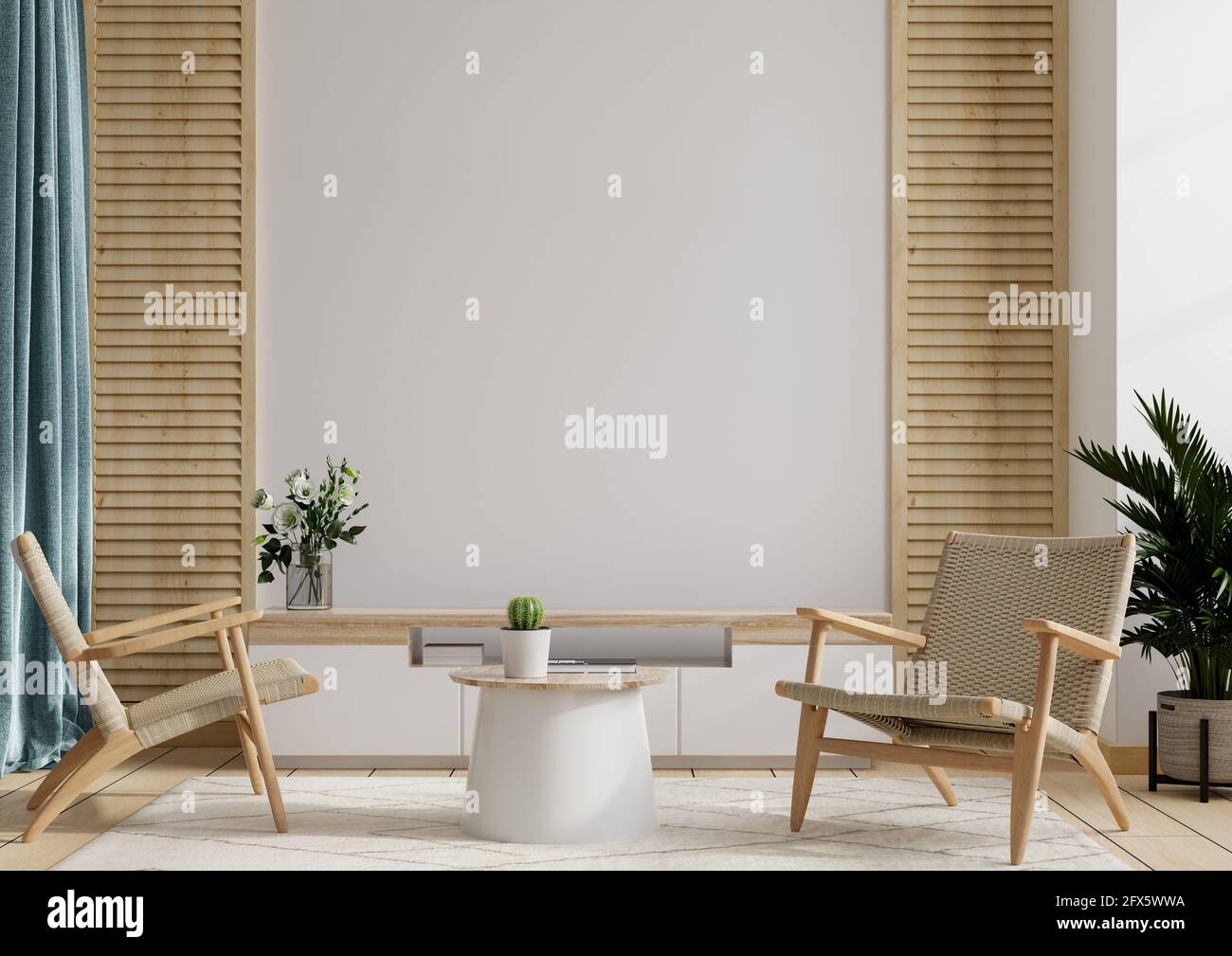 Meuble et mur pour tv dans le salon avec deux Fauteuil, maquette mur blanc, rendu 3D Banque D'Images