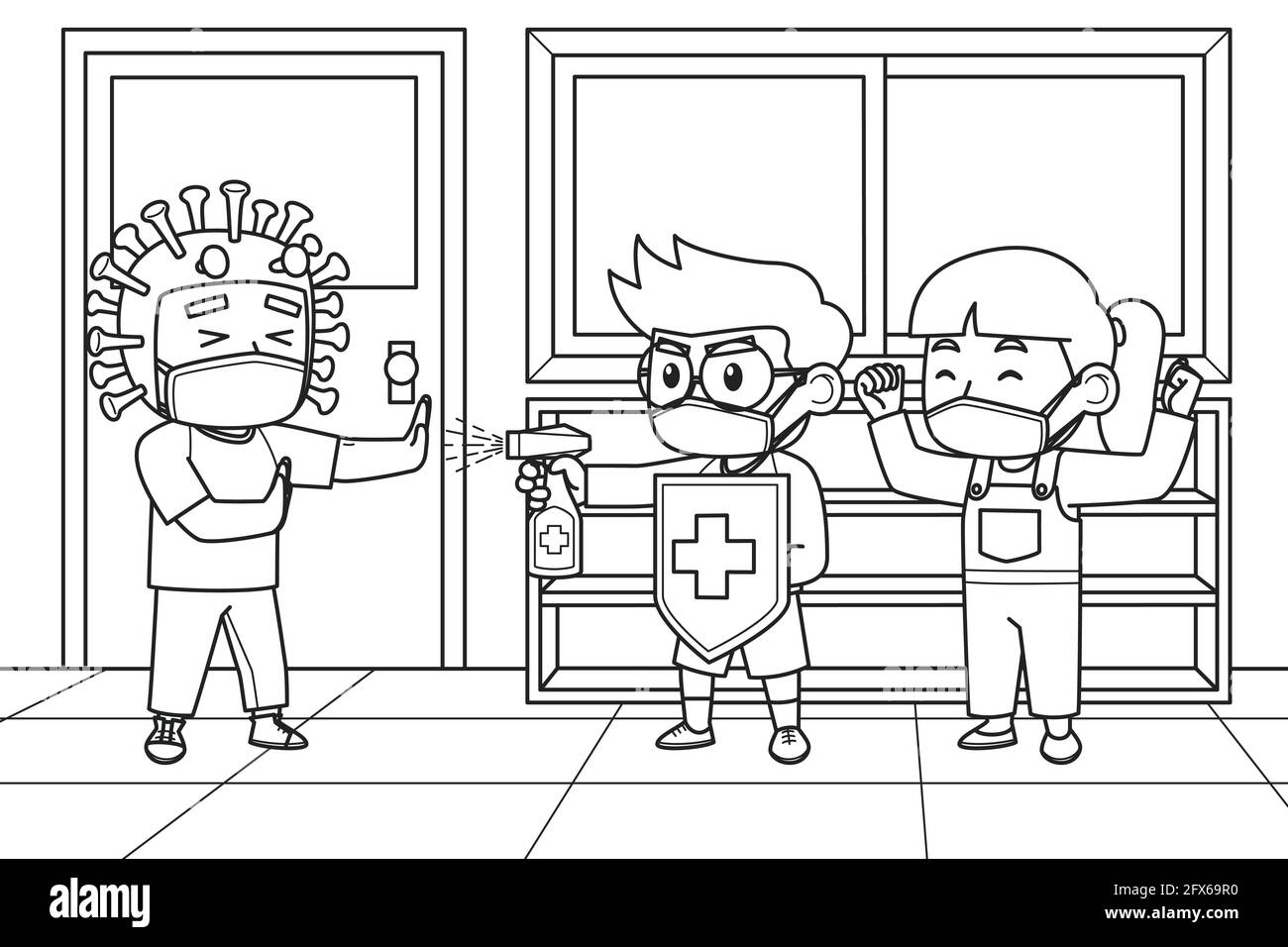 Les enfants font un spectacle dramatique sur la lutte contre Covid-19 dans le couloir de l'école. Livre de coloriage. Illustration vectorielle. Illustration de Vecteur