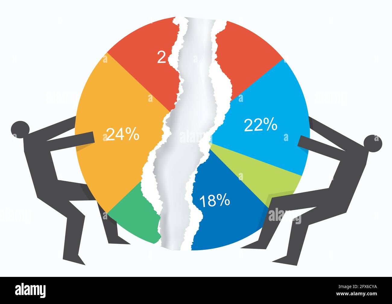 Guerre commerciale, concept de part de marché. Illustration de deux silhouettes noires mâles déchirant le graphique à secteurs en papier.concept symbolisant la lutte pour la part de marché. Illustration de Vecteur