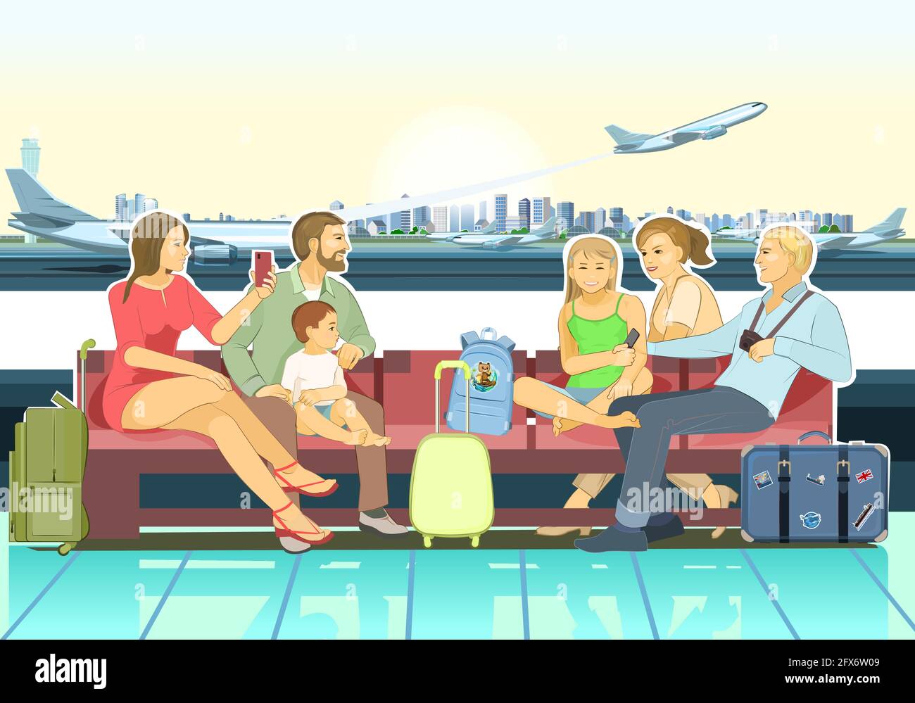 Une famille avec des enfants voyage. Amis. Sourires heureux. Salle d'attente du terminal. Bagages, sacs à dos et valises. Retirer des plans. Art vectoriel Illustration de Vecteur