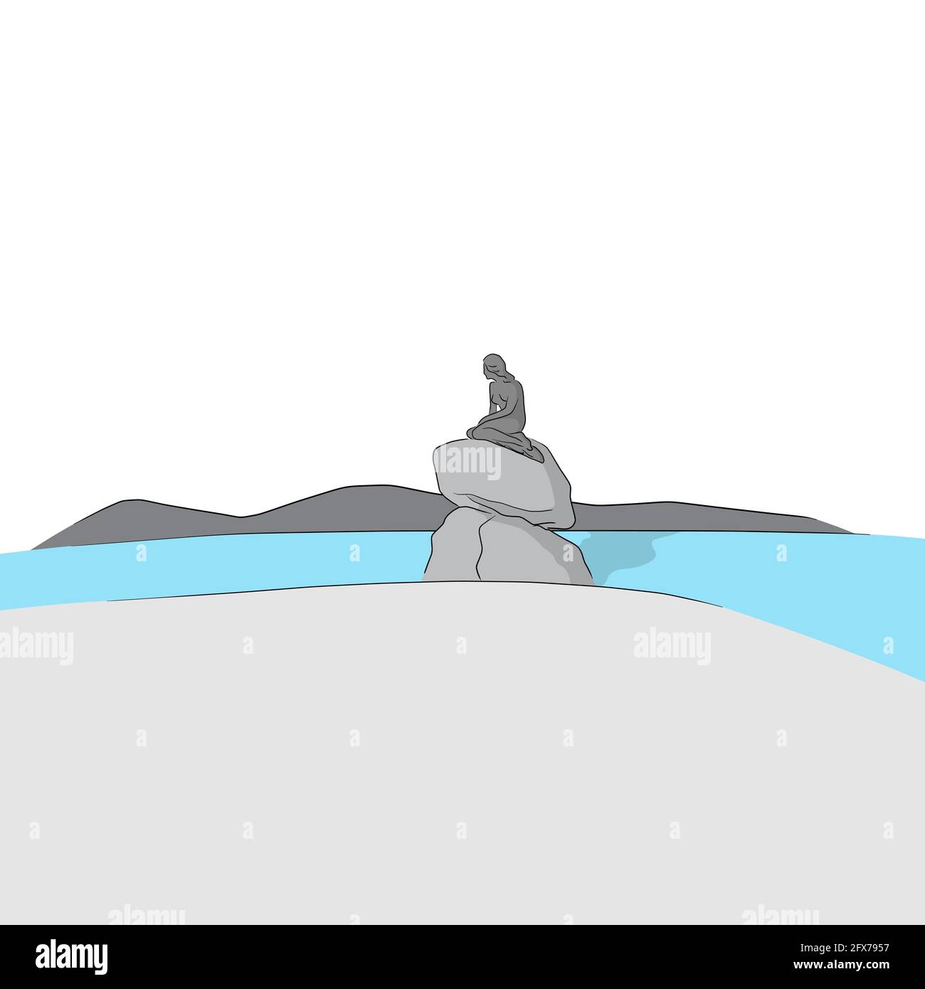 La statue de la petite sirène à Copenhague, Danemark, est une illustration dessinée à la main vecteur Illustration de Vecteur