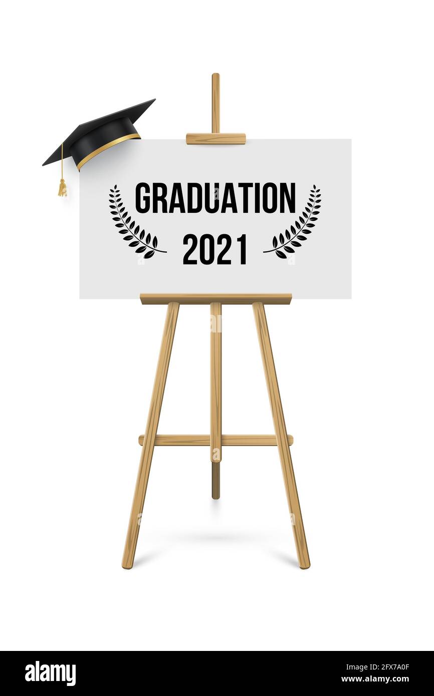bannière de la cérémonie de remise des diplômes 2021. Concept de récompense avec chapeau académique, chevalet et texte sur étiquette de livre blanc Illustration de Vecteur