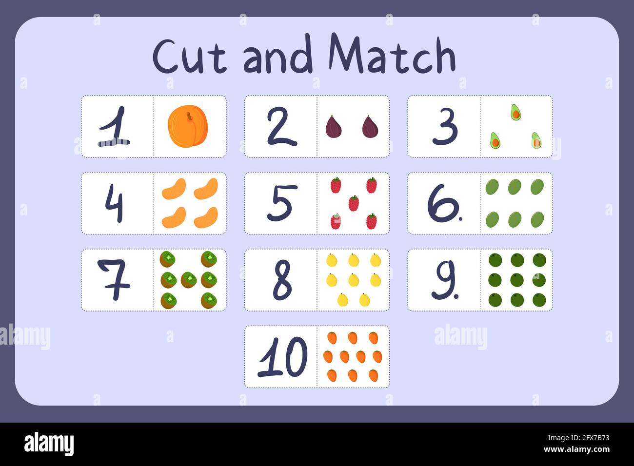 Cartes flash avec numéros pour enfants, ensemble de 5. Coupez et associez des photos avec des chiffres et des fruits. Illustration pour la conception de jeux mathématiques éducatifs. Feuille de travail imprimable. Modèle de vecteur de dessin animé. Illustration de Vecteur