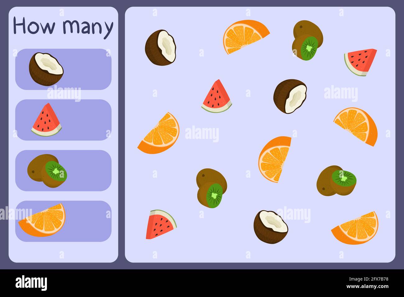 Mini jeu mathématique pour enfants - comptez combien de fruits - noix de coco, pastèque, kiwi, orange. Jeux éducatifs pour enfants. Modèle de dessin animé sur fond coloré. Graphique vectoriel. Illustration de Vecteur