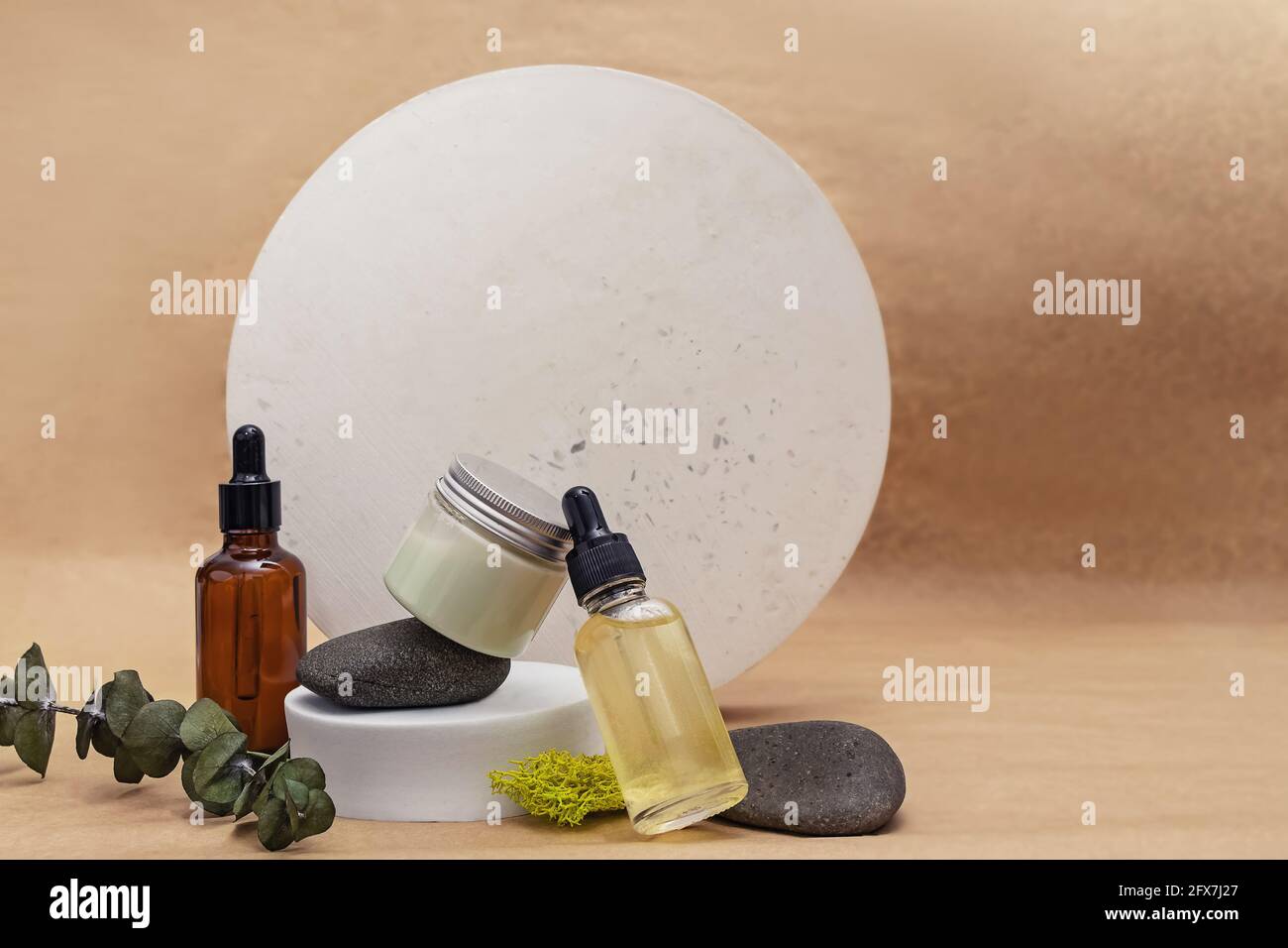 Composition créative cosmétique biologique avec cercles et matériaux naturels Banque D'Images