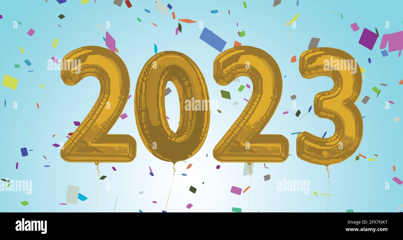 Composition de 2023 numéros de ballons d'or et confetti sur bleu arrière-plan Banque D'Images